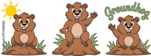 Cartoon Groundhogs Emerging from Mounds with Waving Hand and Groundhog Text Above