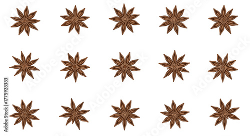 A collection of whole brown star anise pods, perfectly arranged in a uniform grid against a clean white background, emphasizing their fragrant nature.