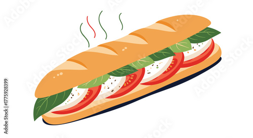A delicious, fresh baguette sandwich filled with juicy tomatoes, creamy mozzarella, and aromatic basil, served warm.