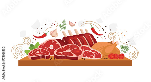 Fresh raw meat assortment, including beef steaks, pork ribs, and chicken, with spices and herbs on a wooden board.