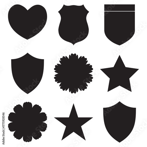 Collection of black silhouette shapes including hearts stars and shields