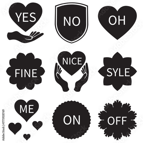 Black silhouette icons displaying various emotional responses and affirmative words