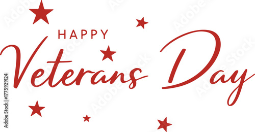 Happy Veterans Day red script text with scattered stars greeting holiday