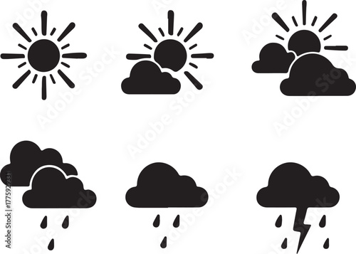 Weather forecast icons representing sunshine clouds rain and thunderstorms design