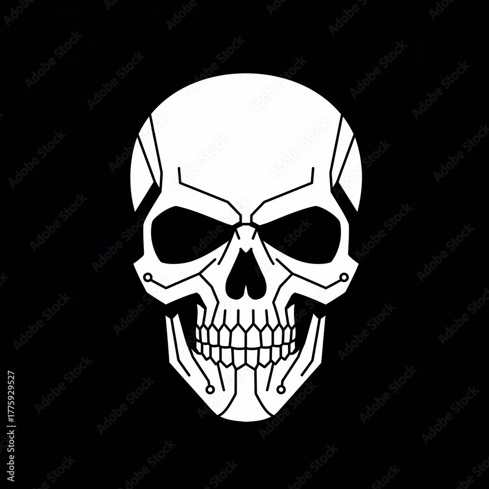 Fototapeta premium A stark white skull graphic against a black background. The skull features circuit-like detailing
