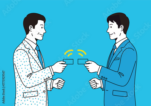 Two businessmen exchange a document or contract with a glowing effect symbolizing partnership - Flat Vector Illustration. Colored vector illustration