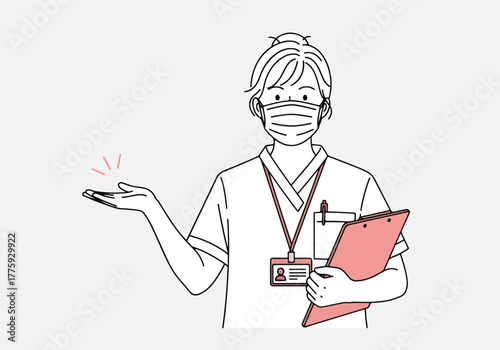 Healthcare professional wearing mask holding clipboard offering assistance and information - Flat Vector Illustration. Colored vector illustration