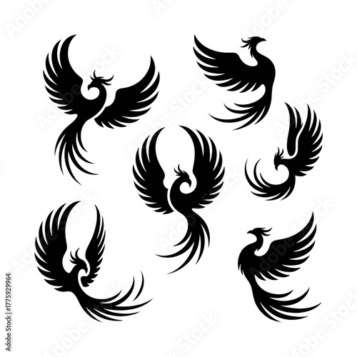 Elegant phoenix bird line art pattern, rebirth symbol