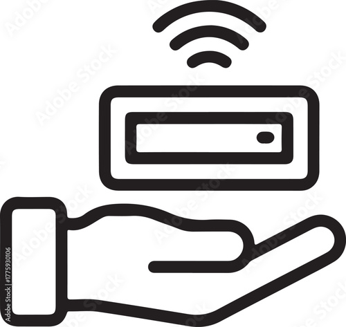 Hand holding smart device with wireless signal icon