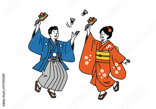 Couple in traditional japanese kimono dancing with fans celebrating festive occasion - Flat Vector Illustration. Colored vector illustration