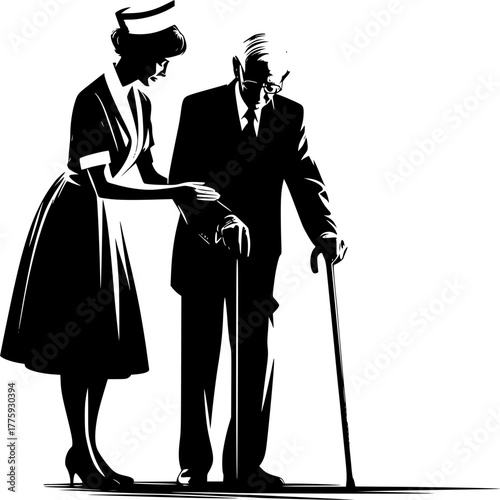 Nurse aiding an elderly man, black vector silhouette. Design for healthcare websites, educational materials, or non-profit branding. EPS version.