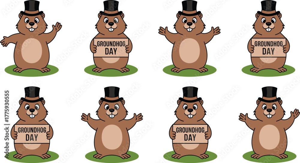 Fototapeta premium Eight Cartoon Groundhogs Wearing Top Hats for Groundhog Day Celebration Illustration Design