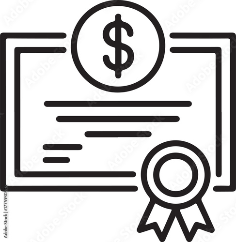 Certificate with dollar sign and award ribbon icon