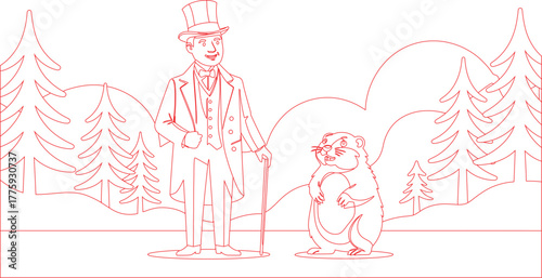 Groundhog Day Illustration Man in Top Hat with Groundhog in Snowy Woods