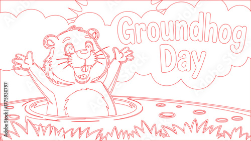 Groundhog Day Outline Cheerful Groundhog Emerging from Hole with Raised Paws Celebration