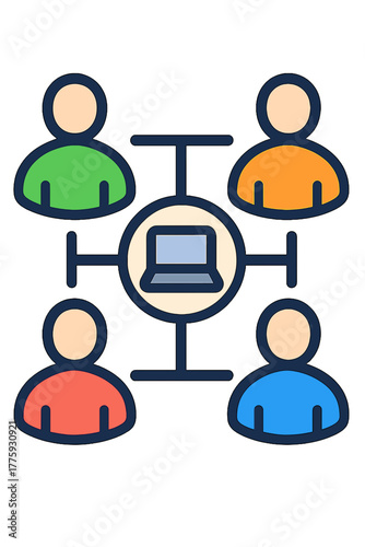 Illustration of diverse people connected to laptop in network layout remote teamwork hub
