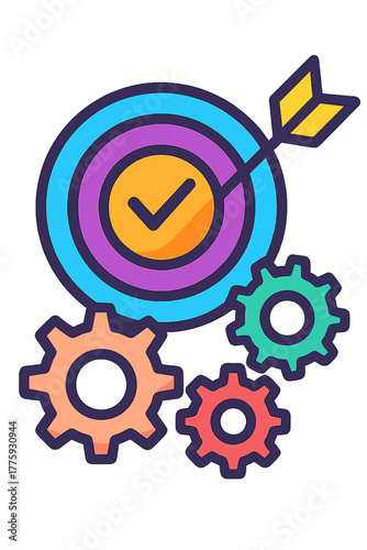 Target with checkmark and colorful gears in flat vector style goal alignment tools