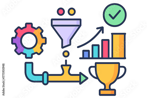 Business process flow infographic with charts and success symbols success pipeline tools