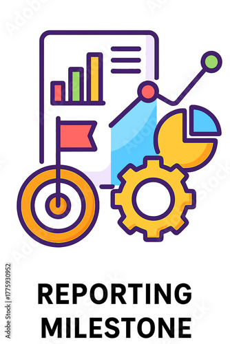 Reporting milestone graphic with charts, gears, and icons reporting milestone tools