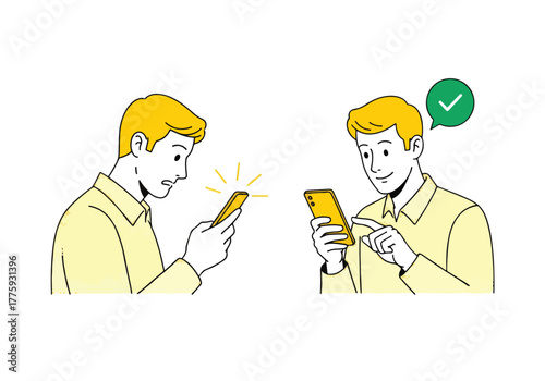 Man with smartphone shows correct usage and incorrect usage with green check mark - Flat Vector Illustration. Colored vector illustration