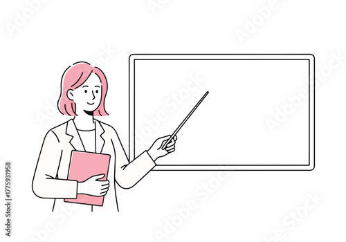 Young woman teacher holding folder and pointing to whiteboard simple line art style - Flat Vector Illustration. Colored vector illustration