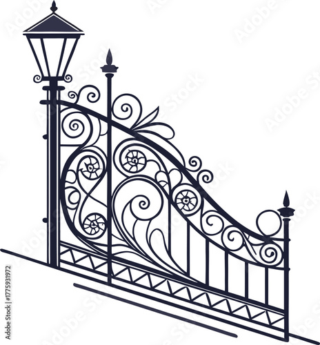 Forged fence. Gothic door, vector design. Decorative garden gate. Metal pattern or iron wicket for garden, castel. Rich ornament. Scroll-work