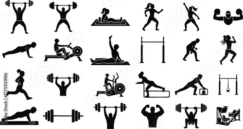 Collection of silhouettes depicting various fitness activities and weightlifting exercises for a healthy lifestyle