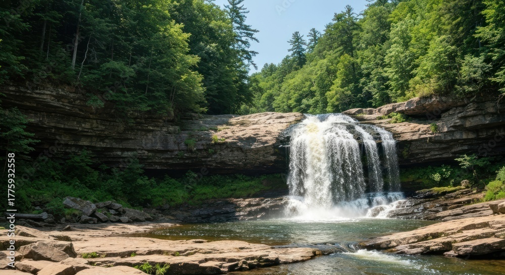 Fototapeta premium Cascade waterfall in lush green forest. Rocky terrain, clear water