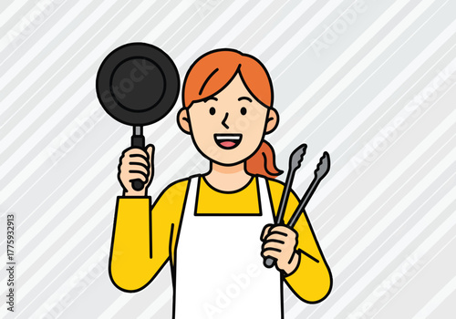 Happy woman in apron holding cooking pan and tongs ready to prepare a meal - Flat Vector Illustration. Colored vector illustration