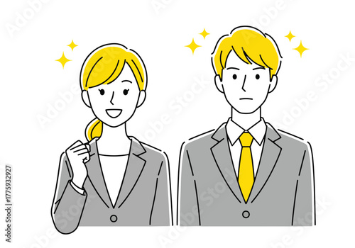 Happy woman excited and man confused business professionals wearing suits gesturing - Flat Vector Illustration. Colored vector illustration