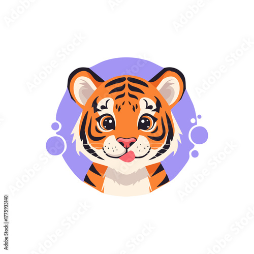 Cute cartoon tiger cub with tongue sticking out against a purple circle background.