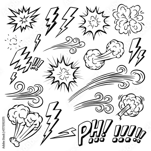Comic book style illustration of lightning bolts, explosions, and wind gusts in black and white.