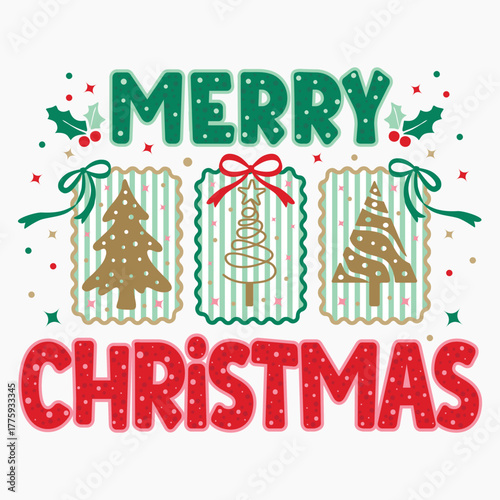 Merry Christmas ribbon  frame T Shirt Vector, Merry Christmas T Shirt Designs.