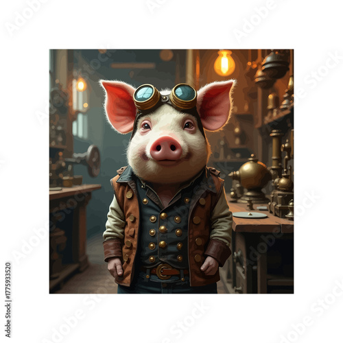 A charming pig inventor with steampunk goggles in a workshop setting