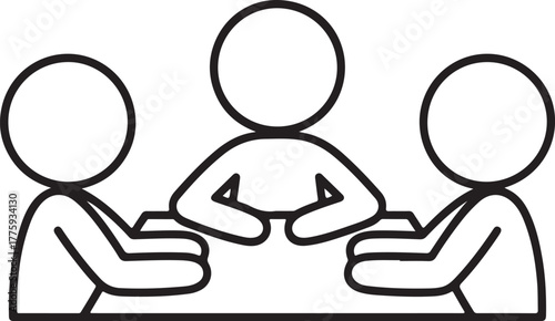 Three stick figures meeting around a table