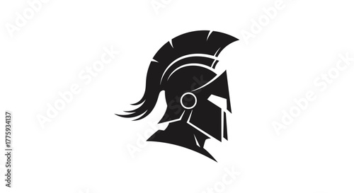 Black graphic illustration of a gladiator helmet on a white background.