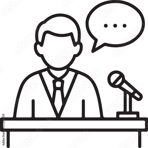 Speaker at podium with microphone and speech bubble