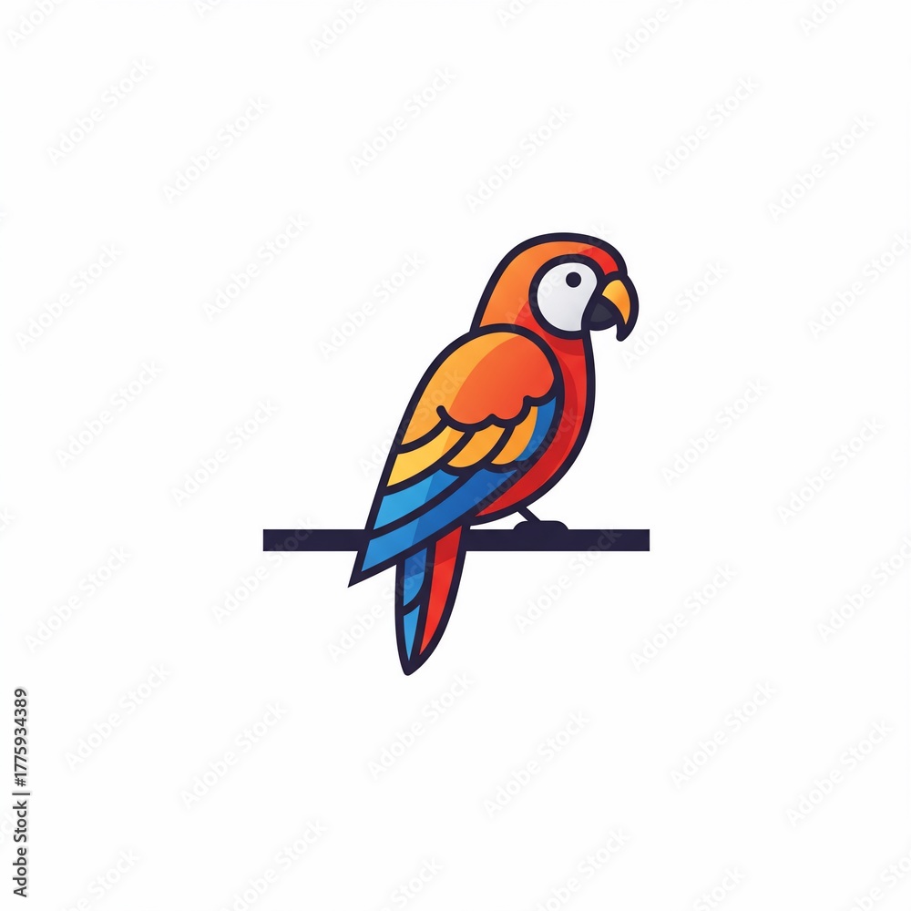 Fototapeta premium Stylized, colorful parrot illustration, perched on a dark line, clean lines, and a minimalist design