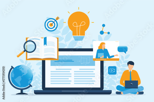 online education concept and student learning, research with technology computer and people Study for knowledge with online course and web seminar. flat vector illustration e-learning concept
