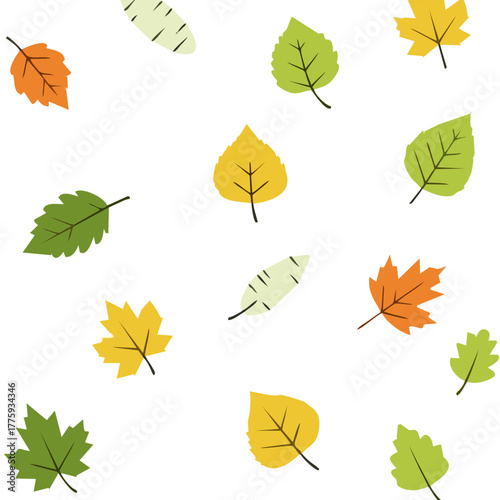 Illustration of various colorful autumn leaves scattered on a white background.