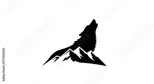 Black silhouette of a wolf howling at snow-capped mountains on white background