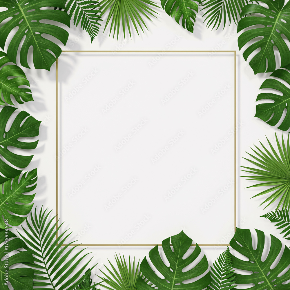 Obraz premium Green palm leaf frame border with tree branch, a natural plant decoration for a summer holiday card design