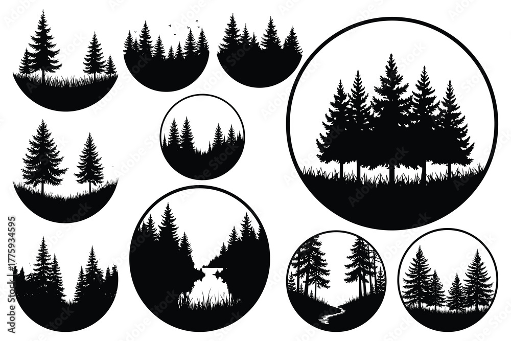 Fototapeta premium Black silhouette pine trees and grass in circular frames