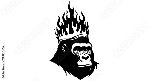 Black silhouette of a gorilla's head wearing a crown of flames on a white background.