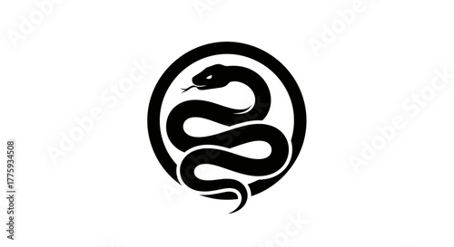 A stylized black snake coiled within a black circle on a white background.