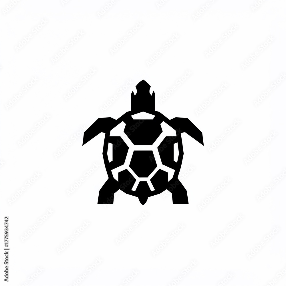 Obraz premium A simple, symmetrical, black silhouette of a turtle with a geometric shell and head, on a white background
