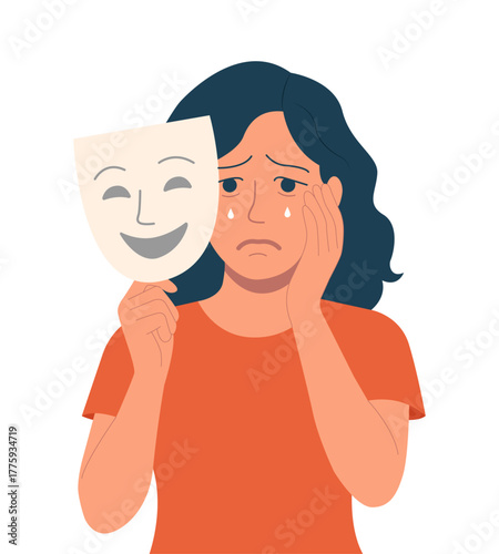 Illustration of a sad woman holding a smiling mask in front of her face, symbolizing hidden emotions, depression, and masking true feelings in mental health struggles.