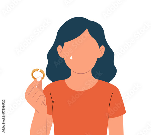 Vector illustration of a woman crying while holding a wedding ring, symbolizing heartbreak, divorce, emotional pain, and relationship breakup.