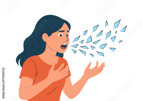 Vector illustration of an angry woman yelling with shards flying from her mouth, expressing rage, frustration, and emotional outburst.