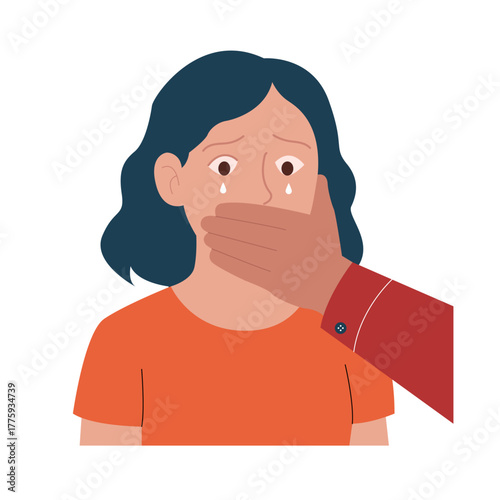 Illustration of a crying woman with a hand covering her mouth, depicting fear, abuse, trauma, and the urgent need for Domestic violence and social awareness.